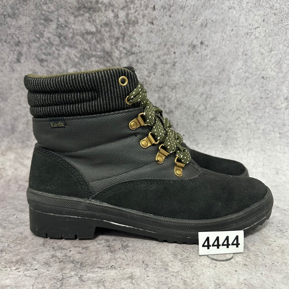 Keds Camp Boot Women 7.5 Black Suede Splash Mix Lace Up Round Toe Ankle